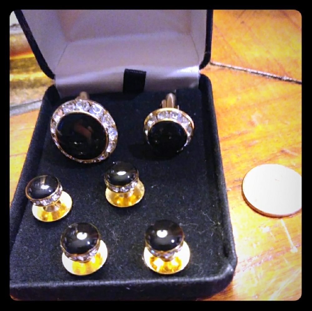 Gold Plated black & rhinestone cufflinks